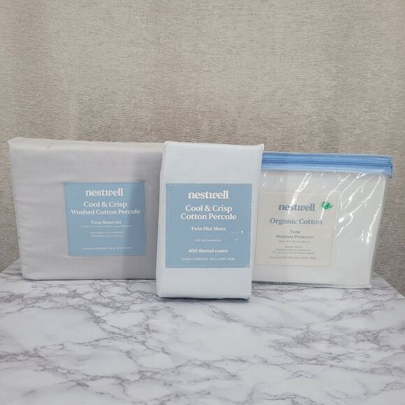 Nestwell Cotton Percale Twin Sheet Set and Mattress Protector Dorm Room Bundle - Picture 1 of 14